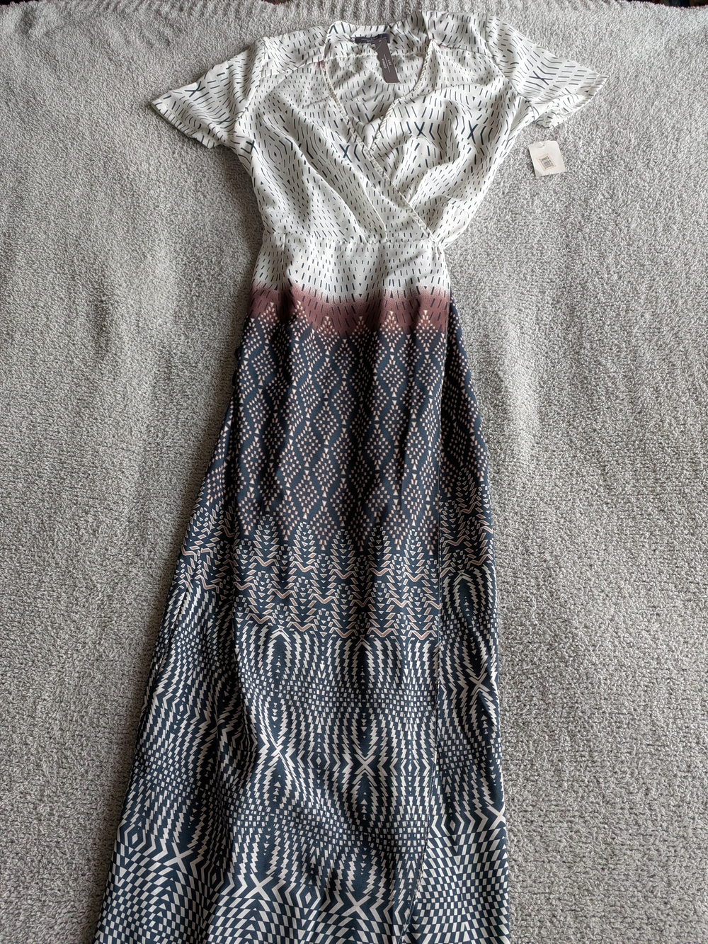 Like Mynded Geometric Print Maxi Wrap Dress in White, Navy & Pink Accent
